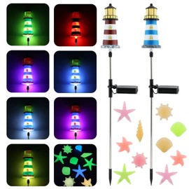 homfanseec 2 Pack Solar Lighthouse, Solar Garden Decorative Light Stake, Waterproof Light House for Yard and Garden, Outdoor Landscape Path Lights with Shell Conch Luminous Stones