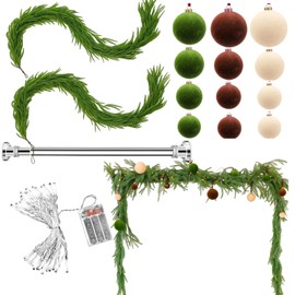 Janinka 16 Pcs Christmas Norfolk Pine Garland Sets Include 6 ft Artificial Pine Garlands Christmas Balls Shower Curtain Tension Rod Battery Operated Lights Prelit Decorations for DIY Mantle Fireplace