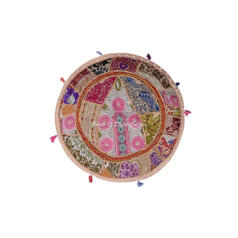 Stylo Culture Cotton Patchwork Embroidered Ottoman Stool Pouf Cover Beige