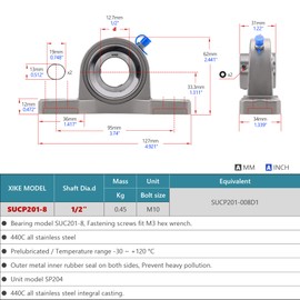 XIKE 2 Pcs SUCP201-8 Bore 1/2" All Stainless Steel Pillow Block Square Flange Mounted Ball Bearings, Solid Base and Self Aligning.