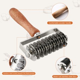 Stainless Steel Dough Lattice Top Cookie Pie Pizza Bread Pastry Crust Roller Cutter Holder Wooden Handle, Lattice Dough Cutter for Fishnet Crust