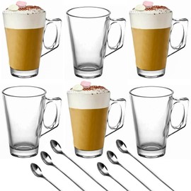 Denny International 240ml 6 Pack Glass for Hot or Cold Drinks, Latte, Cappuccino and Coffee Glass Cups Mugs with Free Spoons