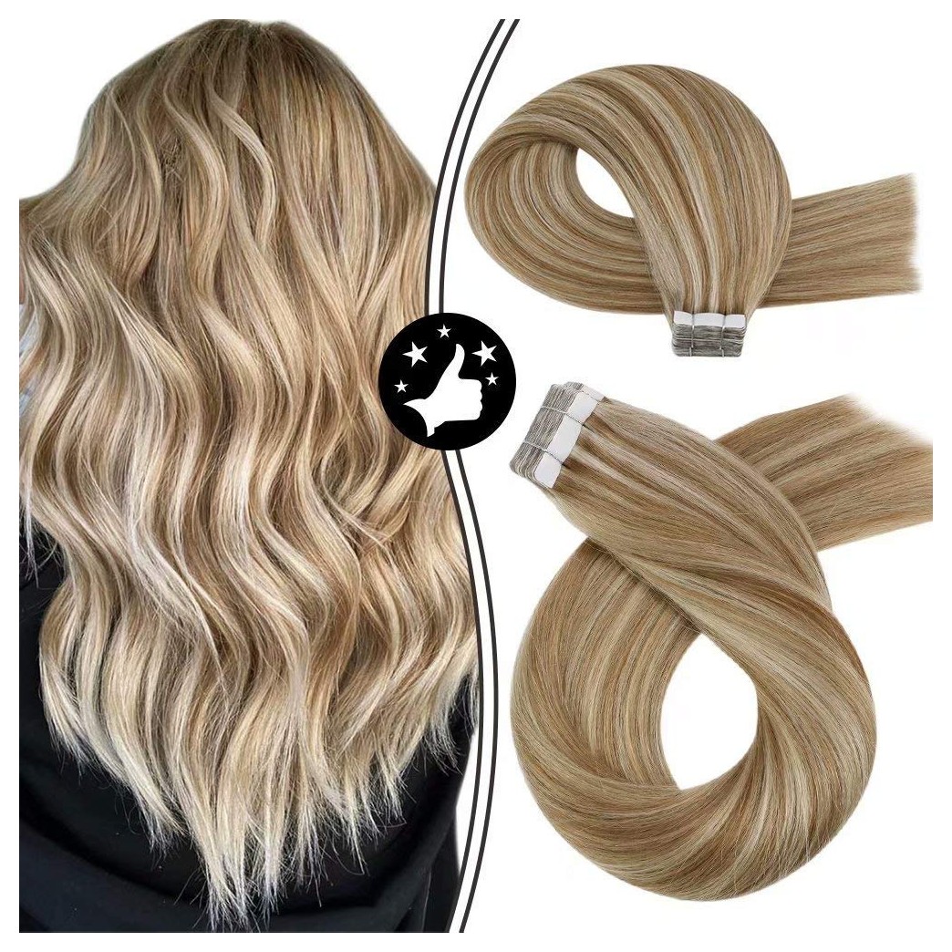 Moresoo Tape in Hair Extensions Human Hair 24 Inch Highlight Tape in Hair Extensions Color Medium Brown #6 Mixed with #60 Platinum Blonde 20PCS 50G 100% Natural Hair Extensions