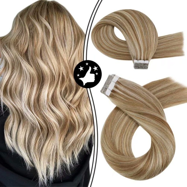 Moresoo Tape in Hair Extensions Human Hair 24 Inch Highlight Tape in Hair Extensions Color Medium Brown #6 Mixed with #60 Platinum Blonde 20PCS 50G 100% Natural Hair Extensions