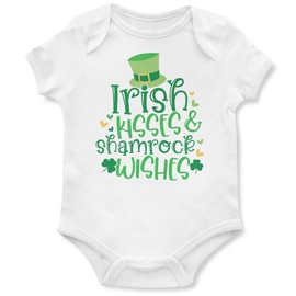 Purple Print House Irish Kisses & Shamrock Wishes Babygrow St Patricks Day Shamrock Babies Boy Girl Leprechaun Hat Irish Ireland Paddys, 12-18 Months, White