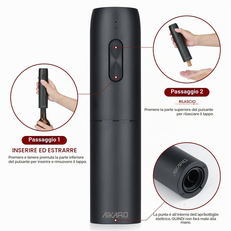 AIKARO - Cavatappi Elettrico Apribottiglie Elettronica Automatico per Vino, Ricaricabile