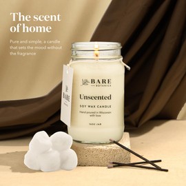 Bare Botanics Unscented Soy Candle 16 oz - Premium Candle in 16 oz Mason Jar - 100% Natural Soy Wax & Lead-Free Cotton Wick - Handpoured in USA - 60 Hrs Long Burning
