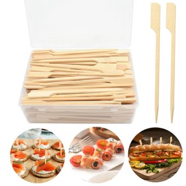 PEOUWNES 200 Pcs Bamboo Skewers for Appetizers, 4.7 Inch Toothpicks with Storage Box, Cocktail Picks for Drinks, Fruit Kababs, Sausage, Barbecue Snacks, Fondue, Natural Wooden Paddle Skewer Mini Food