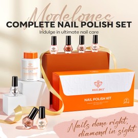 modelones Nail Polish Set 6 Colors, with Top & Base Coat, Nail Polish Remover, Sticker, Nude Pink Brown Neutral Glitter Shimmer Quick Dry Nail Art Gift Kit, Fall DIY Home Manicure for Women Girls