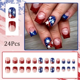 24 Pcs Independence Day Star Press on Nails Short Square Red Blue French Tip Fake Nails Glitter Star Tip Glue on Nails 4th of July False Nails Patriotic Star Acrylic Nails Artificial Nails for Women