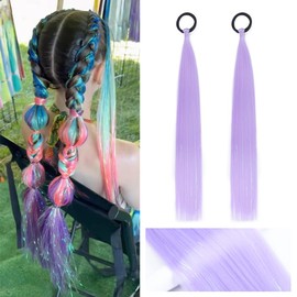 ZIRANJUAN 2 Pack Light Purple Ponytail Hair Extension 20inch with Elastic Tie Straight Ponytail Braids for Holiday Party Rainbow Festival 100g