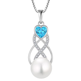 EJARY Pearl Necklaces for Women Freshwater Pearls Jewelry 925 Sterling Silver Infinity Heart March Birthstone Aquamarine Pendant Necklace Jewellry