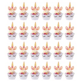 JZK 24 x Unicorn Cupcake Cases and Toppers Unicorn Horn and Ears Cupcake Toppers Rainbow Muffin Wrappers Cupcake Liners Decoration for Kids Baby Birthday Party