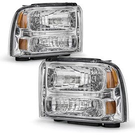 Headlight Assembly Compatible with 2005 2006 2007 Ford F250 F350 F450 F550 Super Duty /2005 Ford Excursion Chrome Housing Amber Reflector Driver and Passenger Side