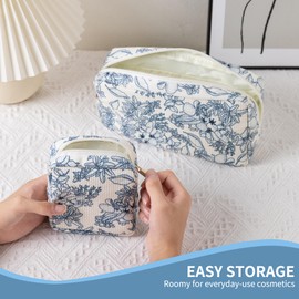 OZAOZ Makeup Bag for Purse Small Cosmetics Bag Corduroy Cute Cosmetic Pouch for Women (2PC Navy blue flower)