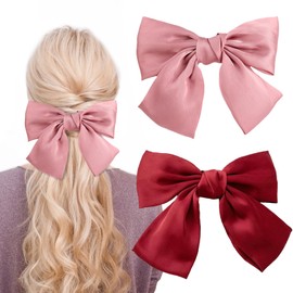 Bow Hair Clips, 2pcs Satin Hair Bow, Large Bowknot French Solid Color Hair Bows for Women, Red Hair Bow for Girls Gift Hair Accessories(Burgundy and Watermelon Red)