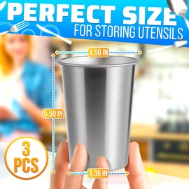 3Pcs Stainless Steel Utensil Holder - Kitchen Utensil Holder for Kitchen Counter Cutlery Holder Heavy Metal Utensil Holder Kitchen Utensil Organizer - 3-3/4" Countertop Utensil Holder Spoon Holder