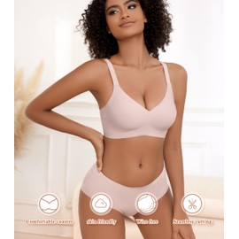 POSESHE Women's Seamless Bra Wireless Push Up Support Comfort Full Coverage Bras V Neck Sleep T-Shirt Everyday Bralettes Pink