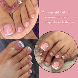 French Fake Toe Nails Set - 120PCS Short Square False Toenails Kit With Glue - White French Tip Pink Full Cover Fake Toe Nails - Acrylic Stick on Toenails Tip for Women Nail Art DIY Gift