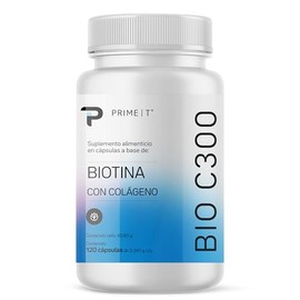 Primetech biotina orgnica 120 cpsulas de 300 mcg suplemento BIO-C300 de alta pureza con colageno hidrolizado, fortalece piel, cabello y uas, sin sabor