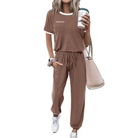 Amkoyam Women's Two Piece Outfits 2025 Summer Short Sleeve Tops With Drawstring Long Pants Tracksuit Jogger Lounge Set(Khaki,Medium)