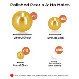 180 PCS Floating Gold Beads for Centerpieces Vases, No Hole Polished Pearl Makeup Beads Mixed 8/14/20mm Sizes, 800 PCS Water Beads for Vase Fillers Party Wedding Decor