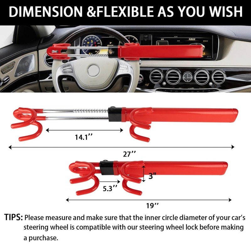 KNFRXO Steering Wheel Lock for car Universal Adjustable Length Anti-Theft