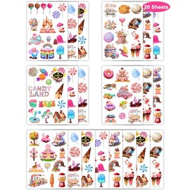 ANTING 244 Piezas Lindo Candyland Tatuajes Temporales Pegatinas,20 Hojas Candy Land Lollipop Donut Tatuajes Temáticos Pegatinas Decoración De Fiesta Favores Para Niños Niña Niños Cum