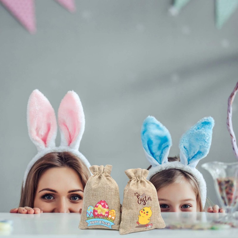 LOKIPA 12 Easter Jute Burlap Gift Bags with Drawstring,Small Easter
