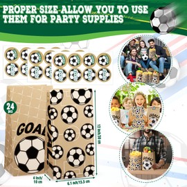 Watersay 48 Pcs 8 lb Soccer Kraft Brown Paper Lunch Bags with Soccer Stickers Sports Theme Party Gift Bags Kraft Paper Lunch Bags for Sandwich Snack Grocery Food for Birthday Party Favor Decor
