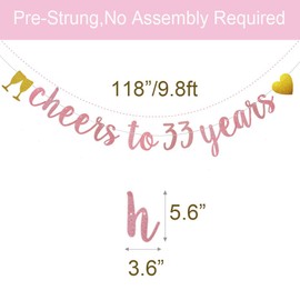 Cheers to 33 Years Banner, Pre-Strung,Rose Gold Glitter Paper Garlands for 33rd Birthday/Wedding Anniversary Party Decoratiopns Supplies, Letters Rose Gold,ABCpartyland