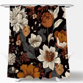 Black Boho Floral Shower Curtain Colorful Vintage Abstract Mid Century Modern Aesthetic Mandala Flowers Watercolor Botanical Blossom Fabric Bath Curtain Set with Hook