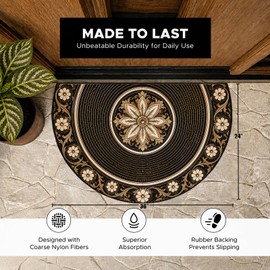 Black Gold Retro Flowers Half Round Door Mat 35.4 x 23.6 inch; Semicircular entryway Rug; Non Slip Absorbent Half Circle Door mat for Decorating Indoor and Outdoor Entrances, Kitchens, and Bathrooms