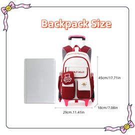 ZHANAO Color-blocking Rolling Backpack for Girls,Kawaii School Bag with Wheels,Trolley Bookbags for Primary Students