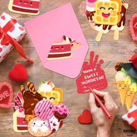 Big, Valentines Day Cards for Kids - Pack of 32 | Valentines Cards for Kids with Envelopes and Stickers | Valentines Greeting Cards with Box | Food Valentines Cards for Classroom Exchange Gift, School