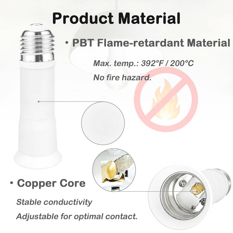 2 Pack E26 Light Socket Extender, ATREFUU 5-Level Extension Length