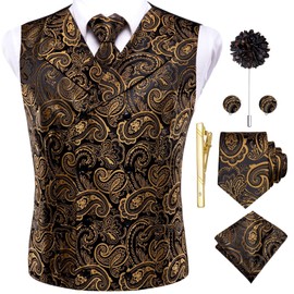 Hi-Tie Men's Victorian Suit Vest Steampunk Gothic Double Breasted Waistcoat and Tie Pocket Square Cufflinks Set,Z-black Gold,Large