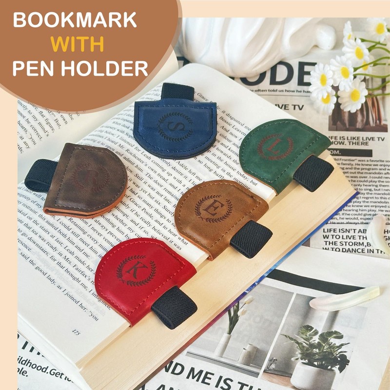 MOTEERLLU Leather Magnetic Bookmark with Pen Holder - Initial Pattern