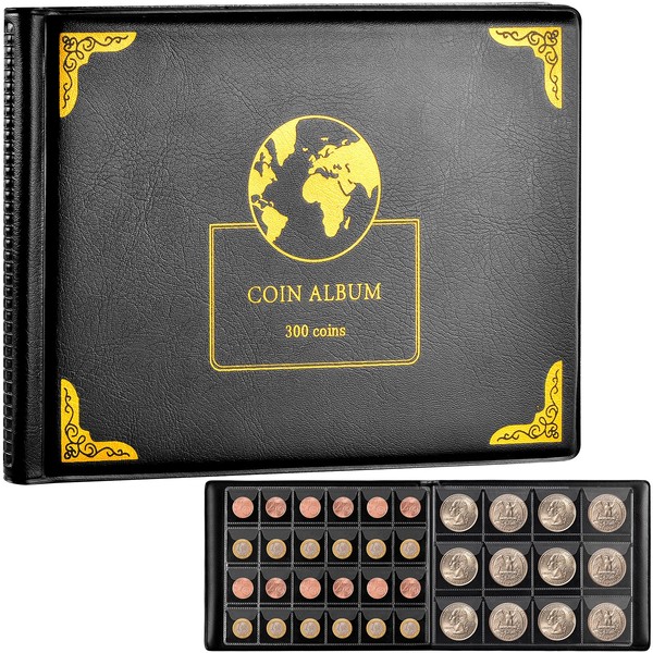 Coin Collection Supplies Holder Book for Collectors, 300 Pockets Coin Collection Organizer Storage Box Case Album for 20/25/ 27/30/ 38mm Coins- Black