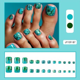 Summer Press On Toe Nails Blue Fake Toenails Square False Toenails With Green Leaf Design Artificial Acrylic Nails Glossy Glue On Toe Nails Full Cover Stick On Nails For Women 24pcs