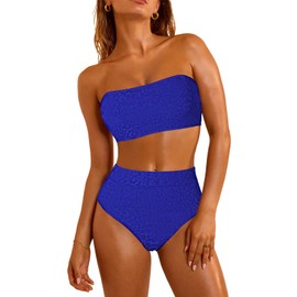 Pink Queen High Waisted Bikini Sets for Women Spaghetti Straps Textured Swimsuit Cheeky 2 Piece Bathing Suit Blue M