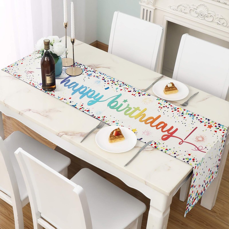 Hejo Happy Birthday Table Runner, Linen Birthday Party Table Decorations
