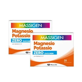 Massigen - Magnesio e Potassio Zero Zuccheri, Due Confezioni da 24 Bustine da 4 g, Gusto Arancia Rossa, Integratore a Ridotto Contenuto Calorico con Sali Minerali e Vitamine