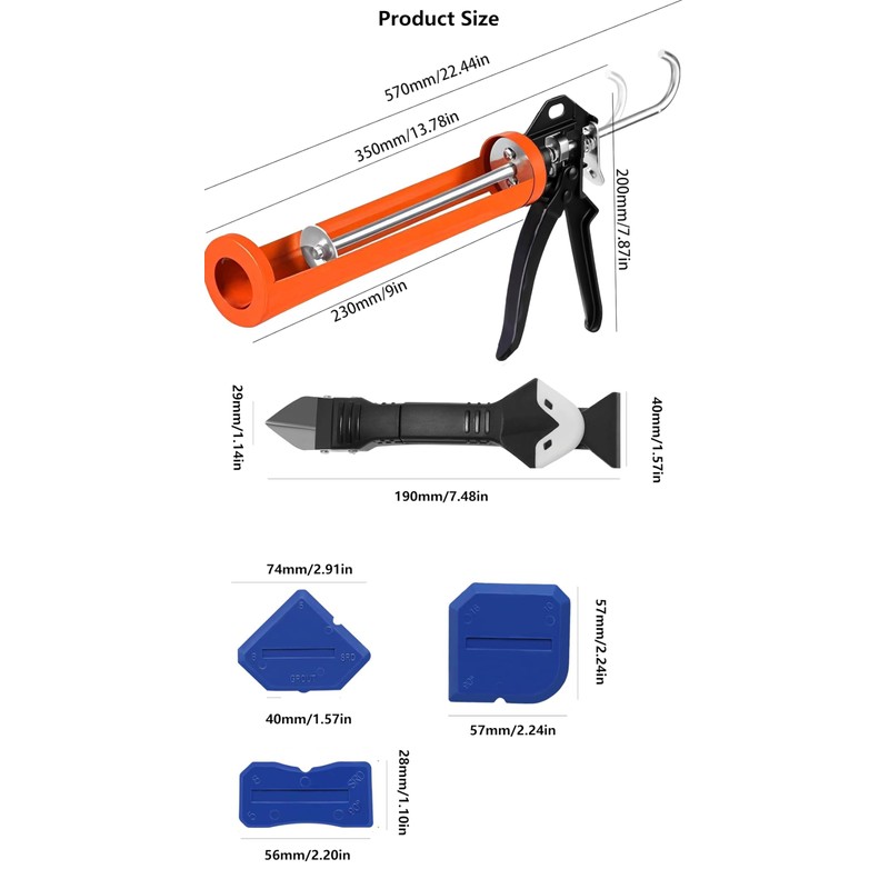 MUMIK Caulk Gun and Caulk Scraper Kit, 10:1 Thrust Ratio,