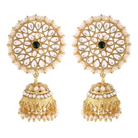 I Jewels Gold Plated Indian Wedding Bollywood With Stunning Antique Finish Kundan & Pearl Jhumka Earrings for Women (E3091) (Green)