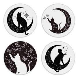 Coasters for Drinks,Set of 4 Absorbent Coasters,Black Cat on Moon Ceramic Coasters with Cork Base,Cup Coaster for Coffee Table Protection,Gifts for Housewarming Birthday - Home and Dining Room Decor