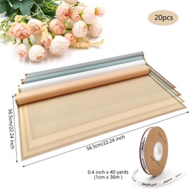 XHKDSYMC 20 Sheets White Flower Wrapping Paper, 22.24 x 22.24 inch Floral Bouquet Wrapping Paper Gold Edge Waterproof Flower Paper Wrap with 1 Roll Ribbon 40 Yards