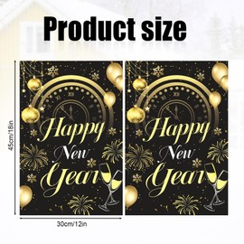 Happy New Year Garden Flag, 18x12in Double Sided Outdoor Sign with Golden Words Black Background Cheers Fireworks Pattern New Year Yard Decorations for Lawn Yard Outside Winter Holiday