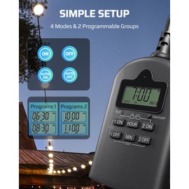 DEWENWILS Outdoor Timer Outlet Waterproof, Outdoor Digital Timer for Lights, Programmable with 2 Grounded Outlets, for Home and Garden, 15A, 1/2HP, Heavy Duty, ETL Listed