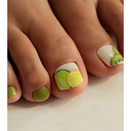 Aegenacess 28pcs Toenail Press on Summer Fake Toe Nails Press ons False Nail Tips Beach Short Pedicure Kit for Women (Lemon Kiwifruit)
